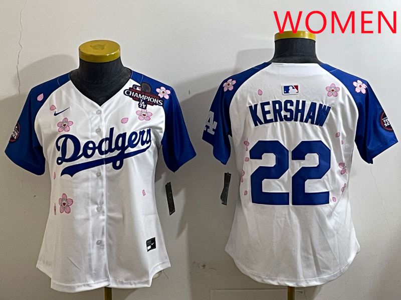 Women Los Angeles Dodgers 22 Kershaw White Blue Sakura Edition 2025 Nike MLB Jersey style 5